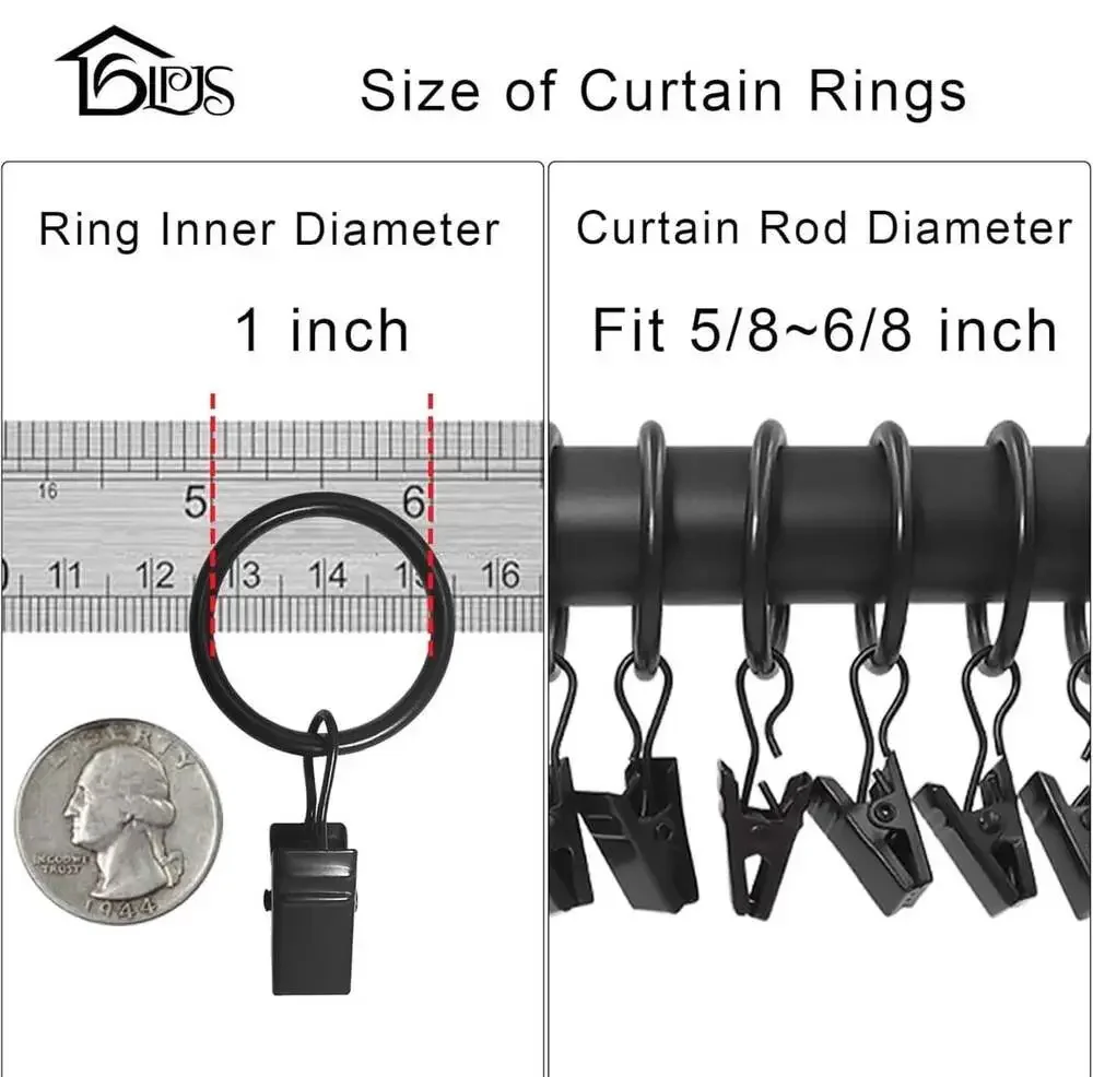 LLPJS 100 Pack Black Curtain Rings with Clips, 1 Inch Interior‎ Diameter